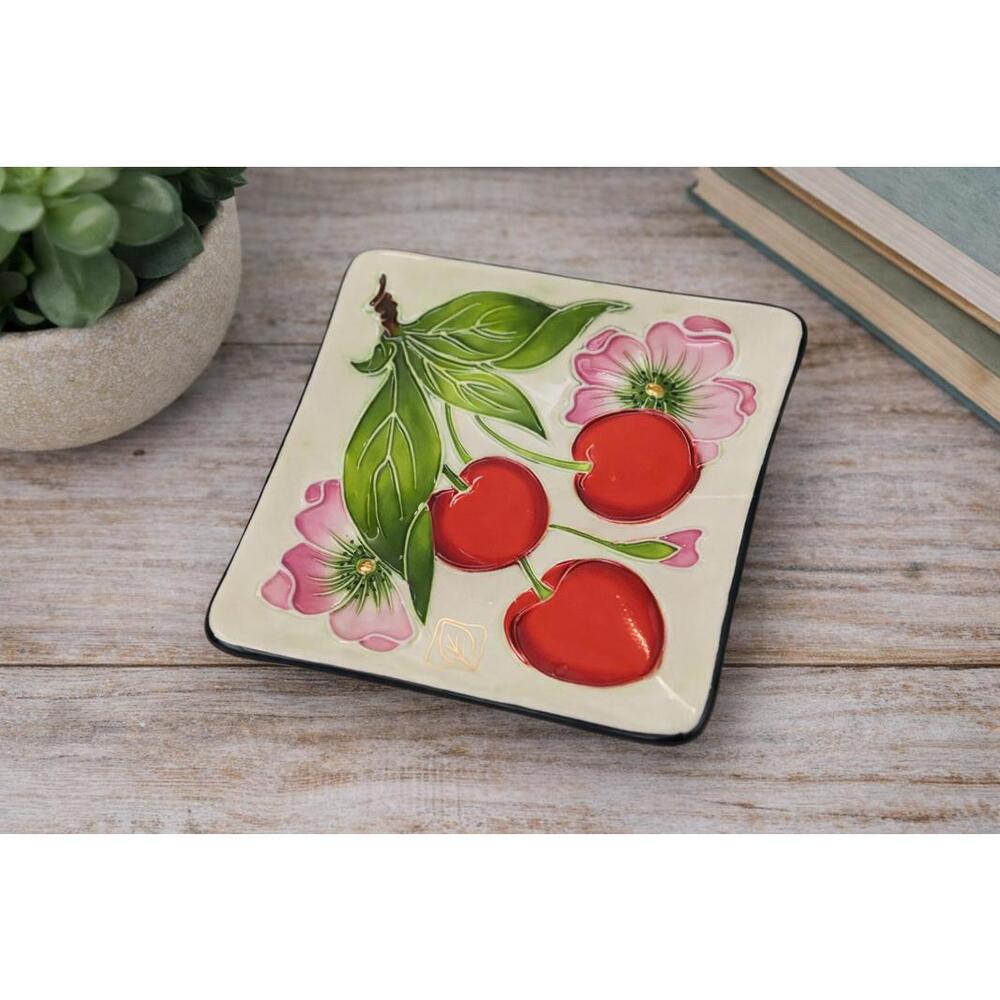Vintage Y2K J. McCall Blue Sky Hand-Painted Cherry and Floral Trinket Tray